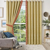 2 Pieces Crocodile Luxury Velvet Curtain Panels with 2 belts-Yellow/Maroon